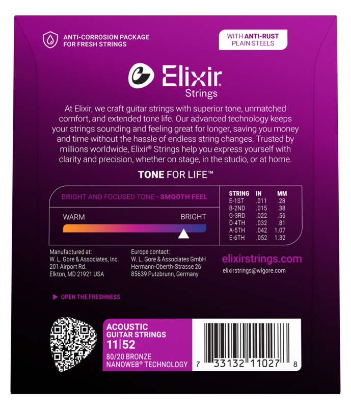 Elixir 11027 Nanoweb 80/20 Bronze Acoustic Guitar Strings Custom Light .011-.052