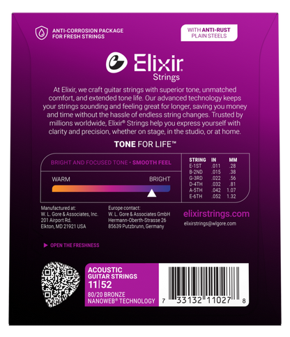 Elixir 11027 Nanoweb 80/20 Bronze Acoustic Guitar Strings Custom Light .011-.052