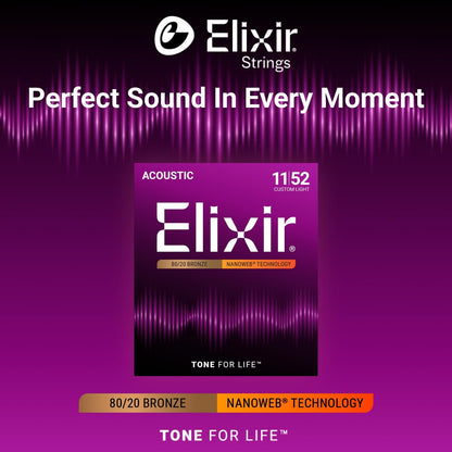 Elixir 11027 Nanoweb 80/20 Bronze Acoustic Guitar Strings Custom Light .011-.052